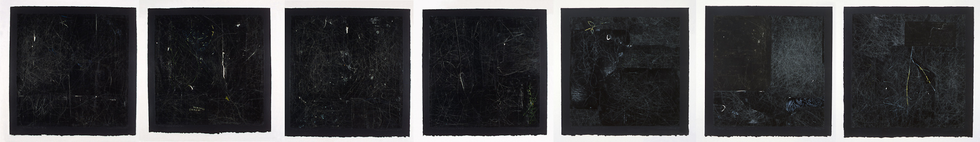 Les carrés noirs en Série, 1998 - 1999. Gouache and pencil on carbon paper, 46 x 322 cm. Collection du Musée national des beaux-arts du Québec.